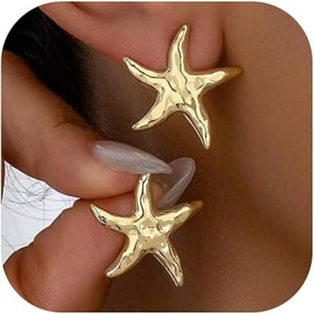 Gold Starfish & Shell Earrings Ocean Summer Beach Jewelry Lightweight Statement‎